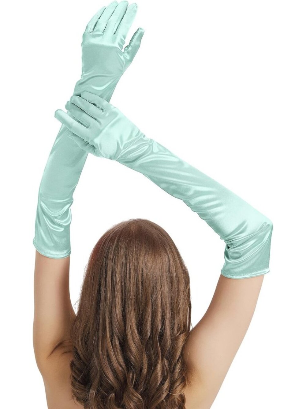 Women's Light Aqua Satin Opera Elbow Length 1920s Flapper Long Gloves Party